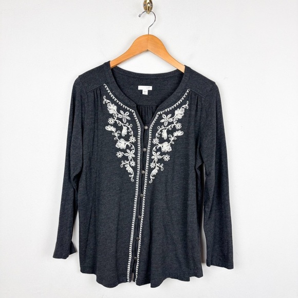 J. Jill Women’s Gray Embroidered Modal Blend Blouse Sz L - Picture 1 of 7